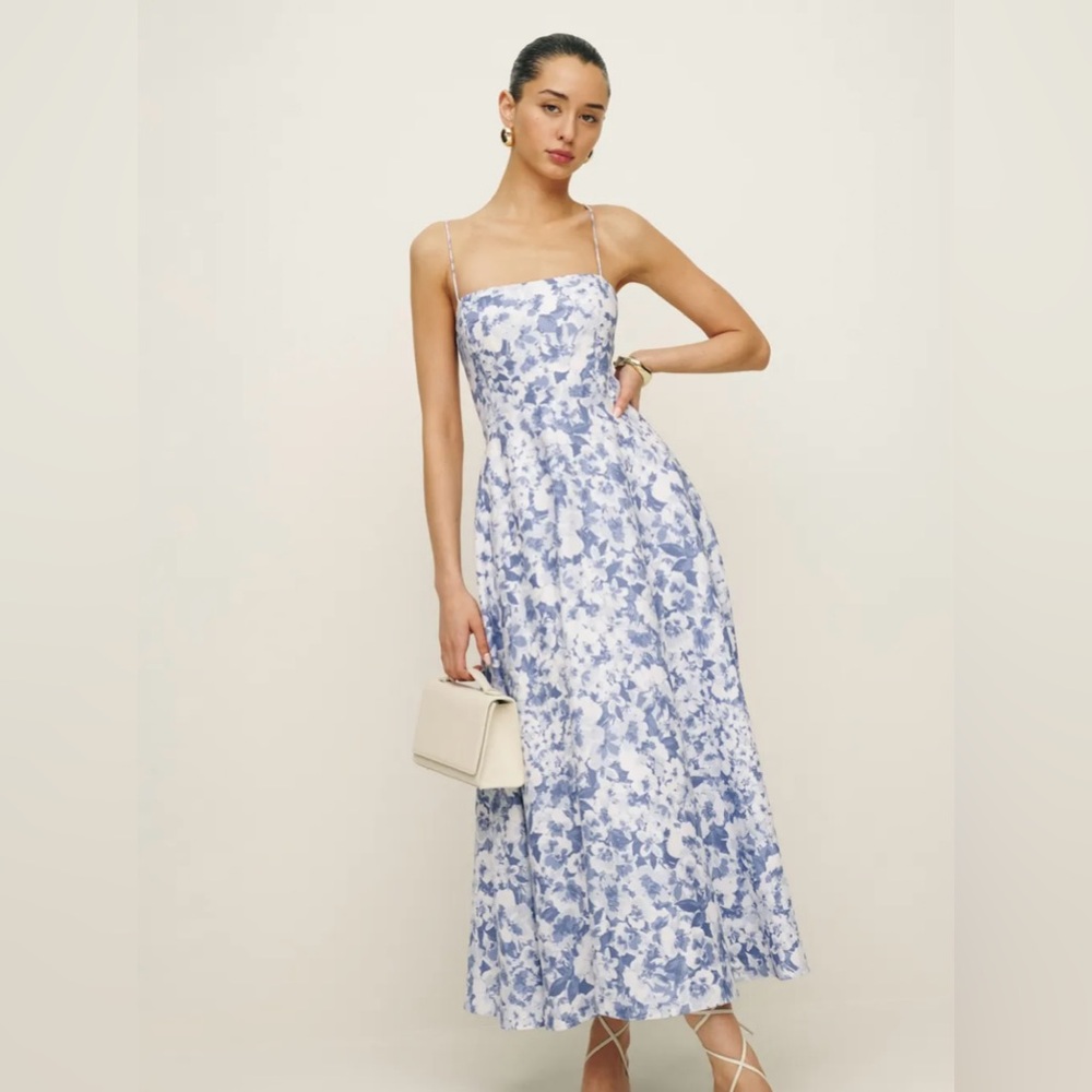 Reformation Monette Linen Dress  Blue Floral Midi Dress